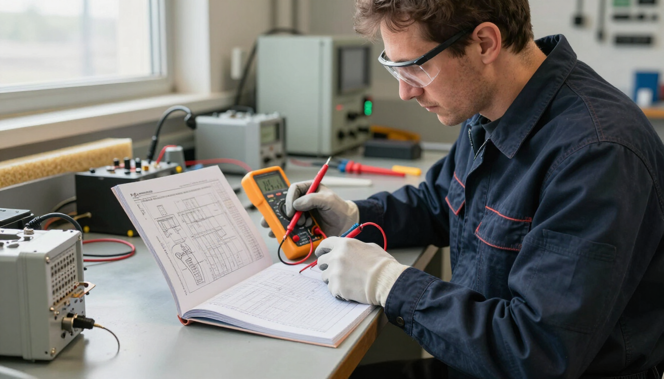 Un técnico en el laboratorio examina una placa de circuito componentes electrónicos cerca