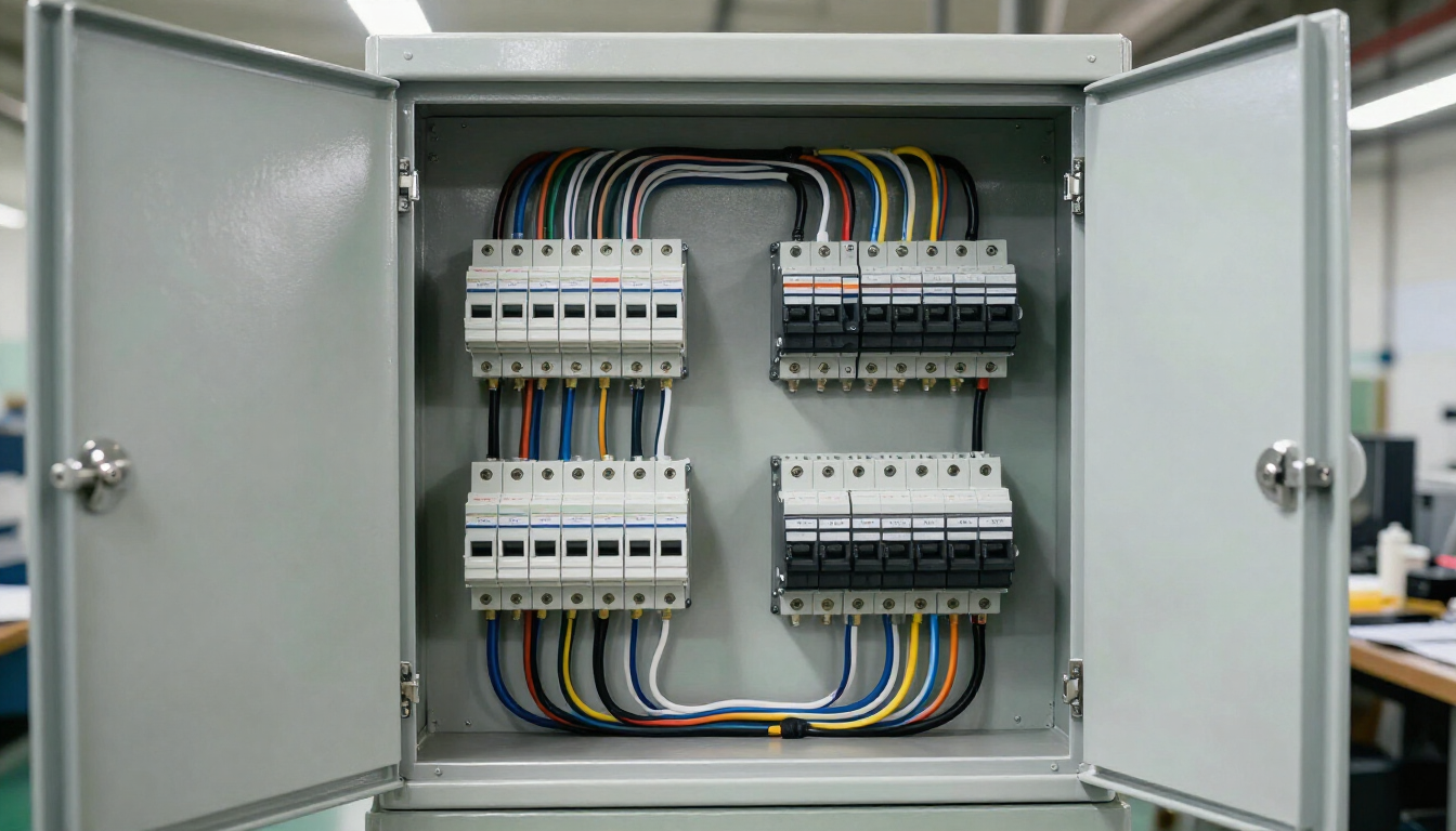 Panel de control eléctrico abierto, con disyuntores y terminales ordenadamente cableados dentro de un armario gris