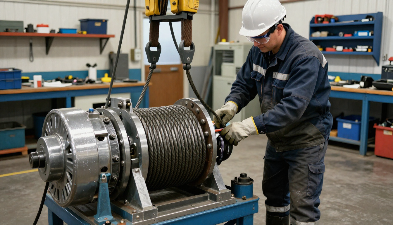 Un técnico con casco inspecciona una gran bobina de cable industrial en un taller
