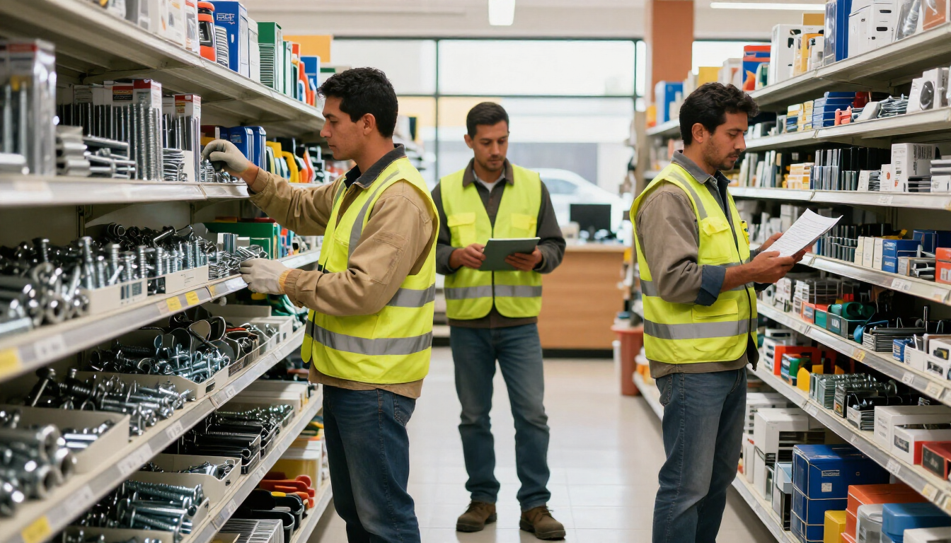 Tres trabajadores con chalecos de seguridad amarillos reponen mercancía en los estantes de un pasillo de almacén