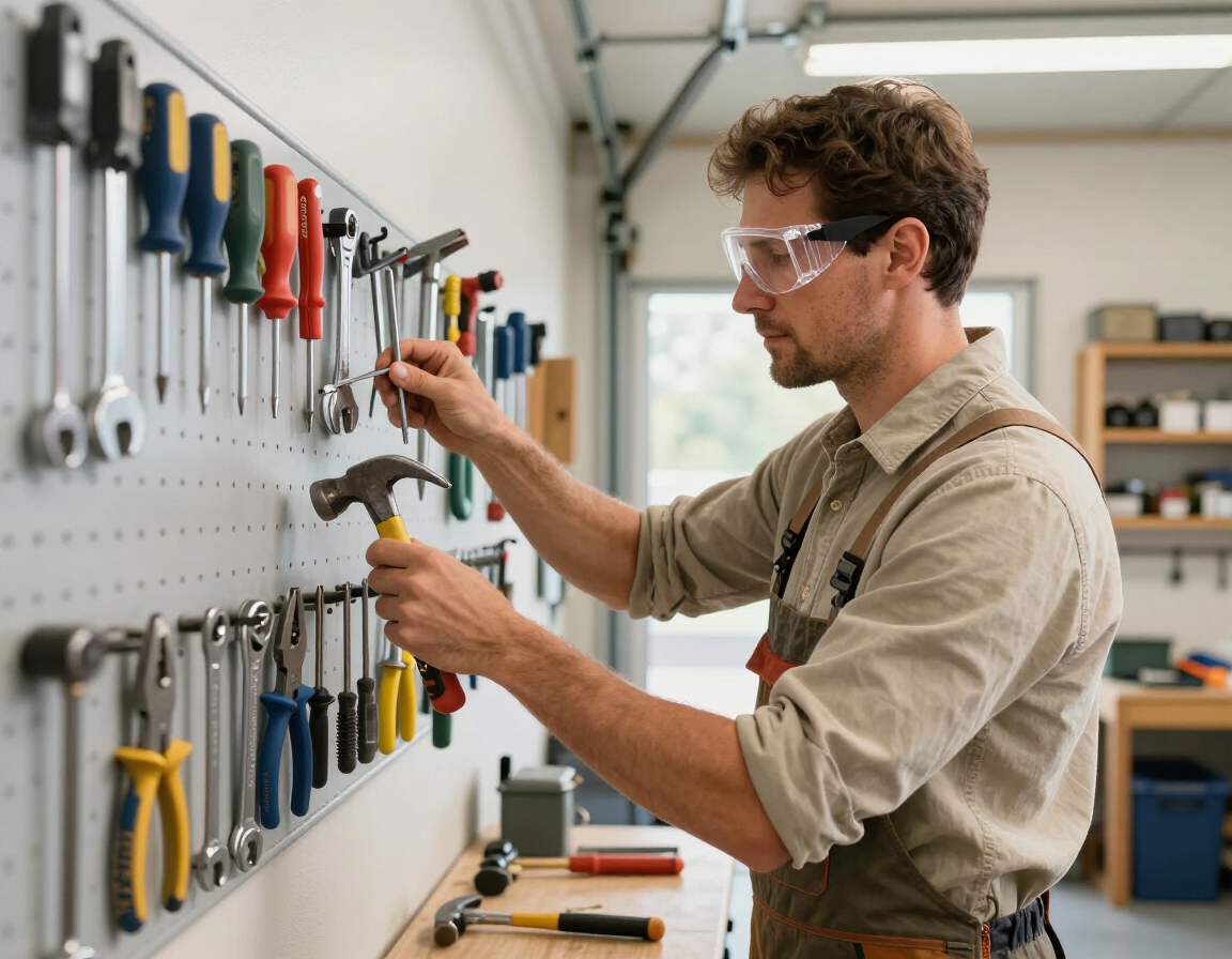Un trabajador con gafas de seguridad colgando herramientas en un panel perforado en un taller luminoso