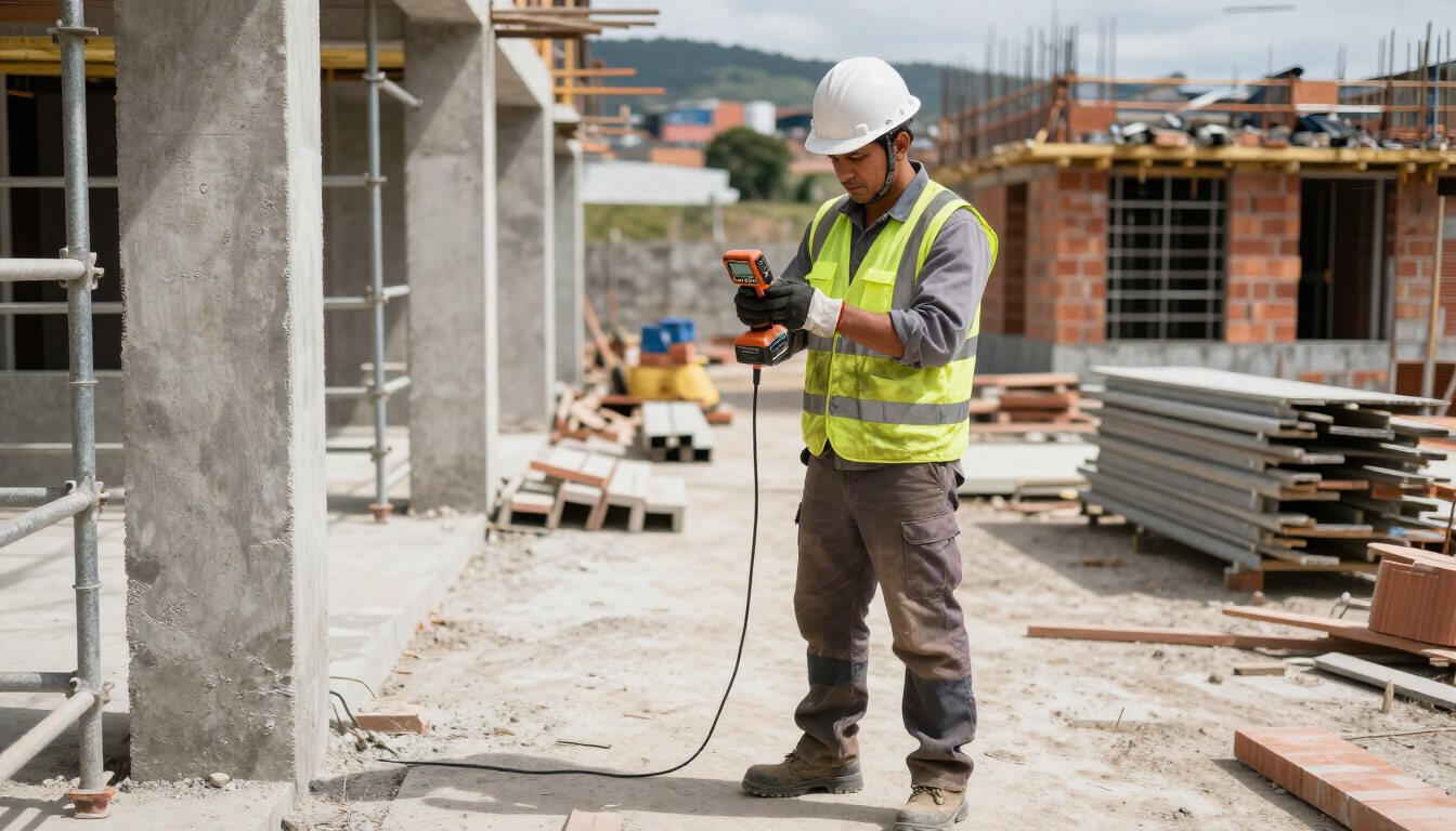 Obrero de la construcción con casco y chaleco de seguridad utilizando una herramienta en una obra en curso