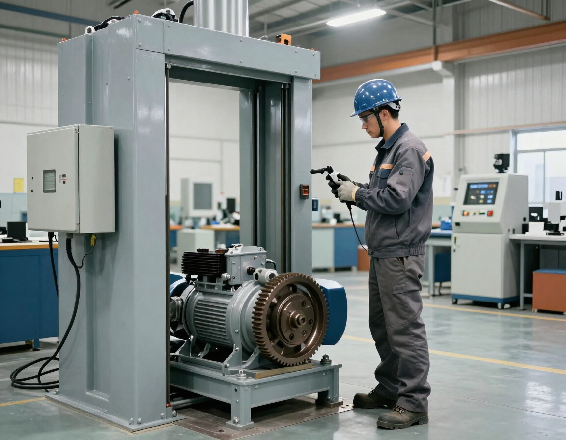 Técnico inspeccionando un motor industrial de gran tamaño en la planta de una fábrica, junto a un equipo de pruebas