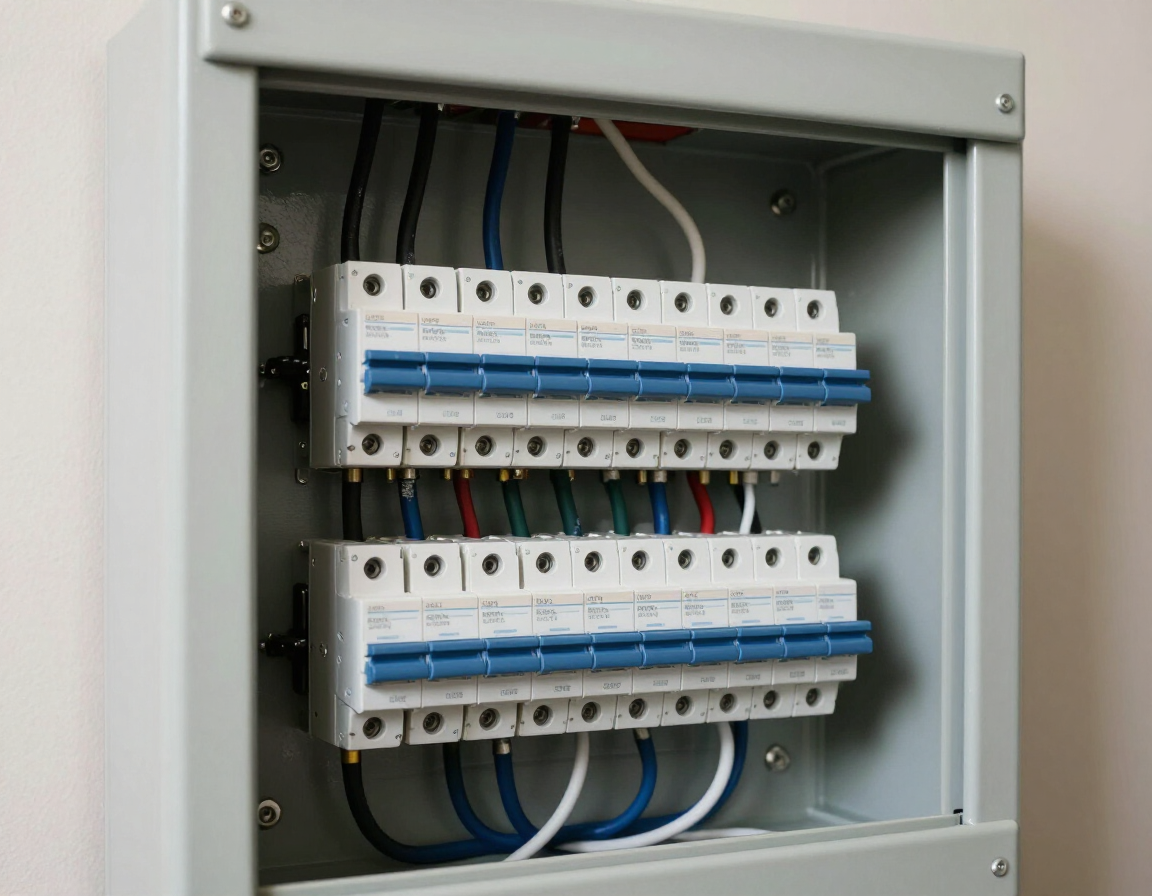 Cuadro eléctrico abierto con dos filas de disyuntores y cableado azul