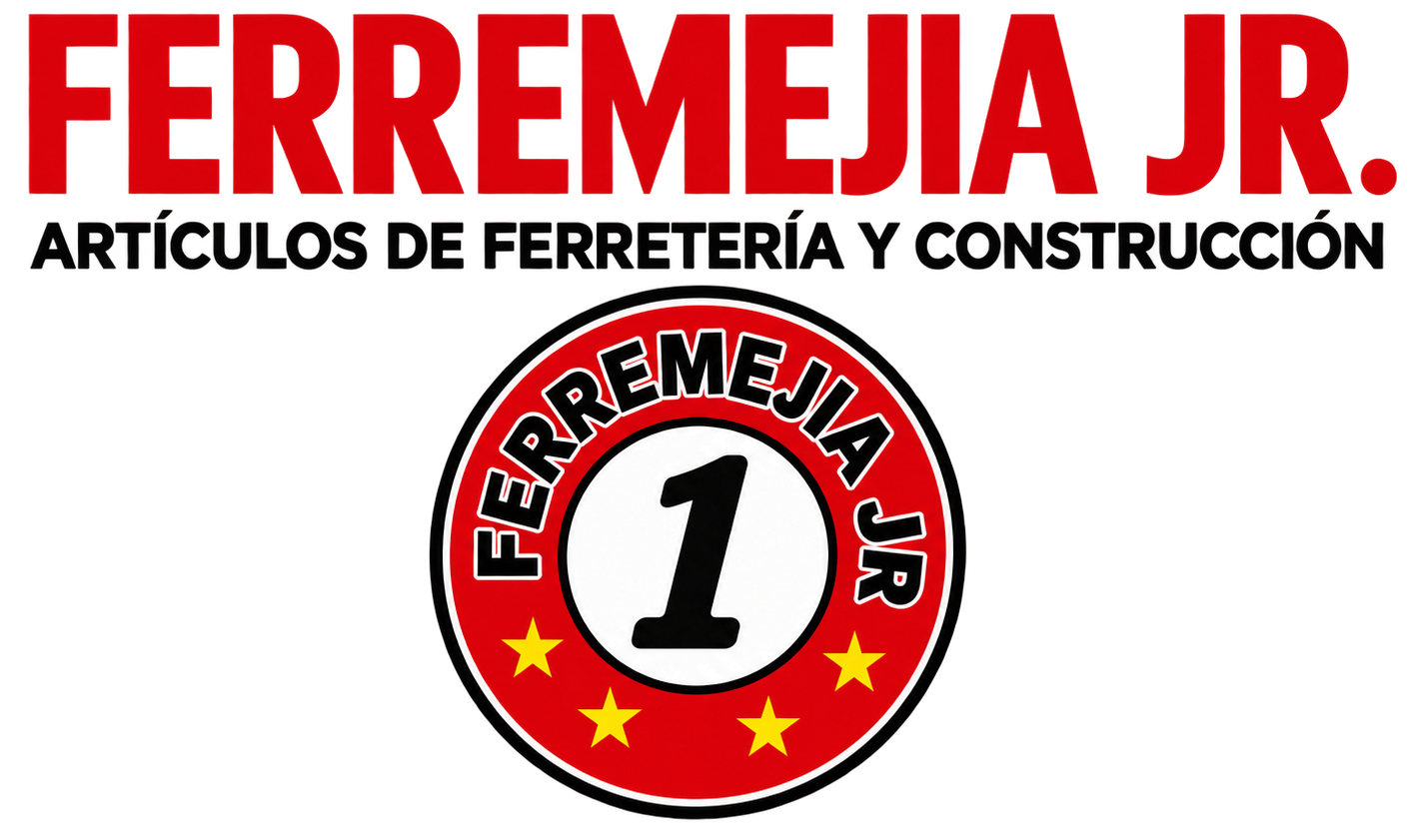 Logotipo de Ferremejia JR en rojo y negro, con el texto «Ferretería y construcción» y un emblema circular en el centro.
