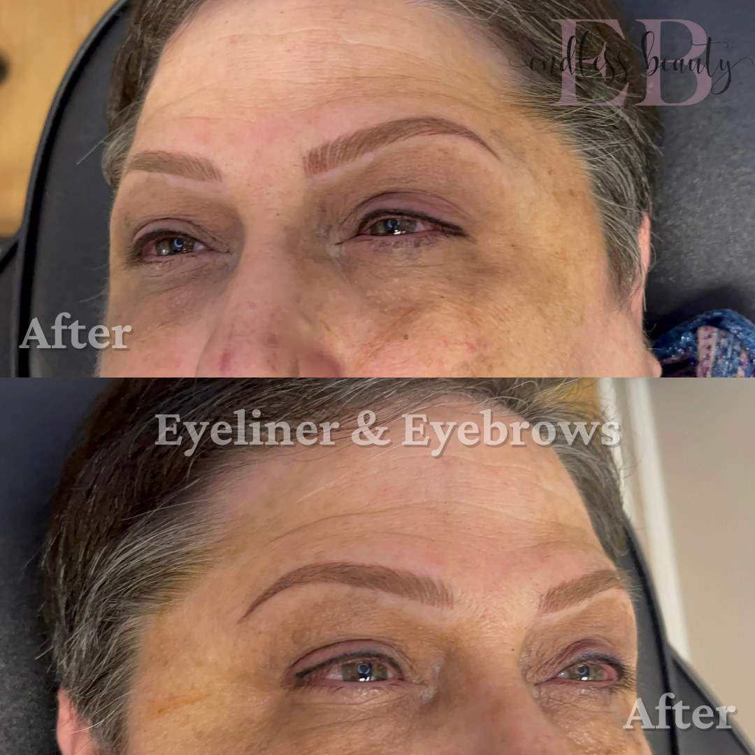 a before and after photo of a woman's eyebrows and eyeliner