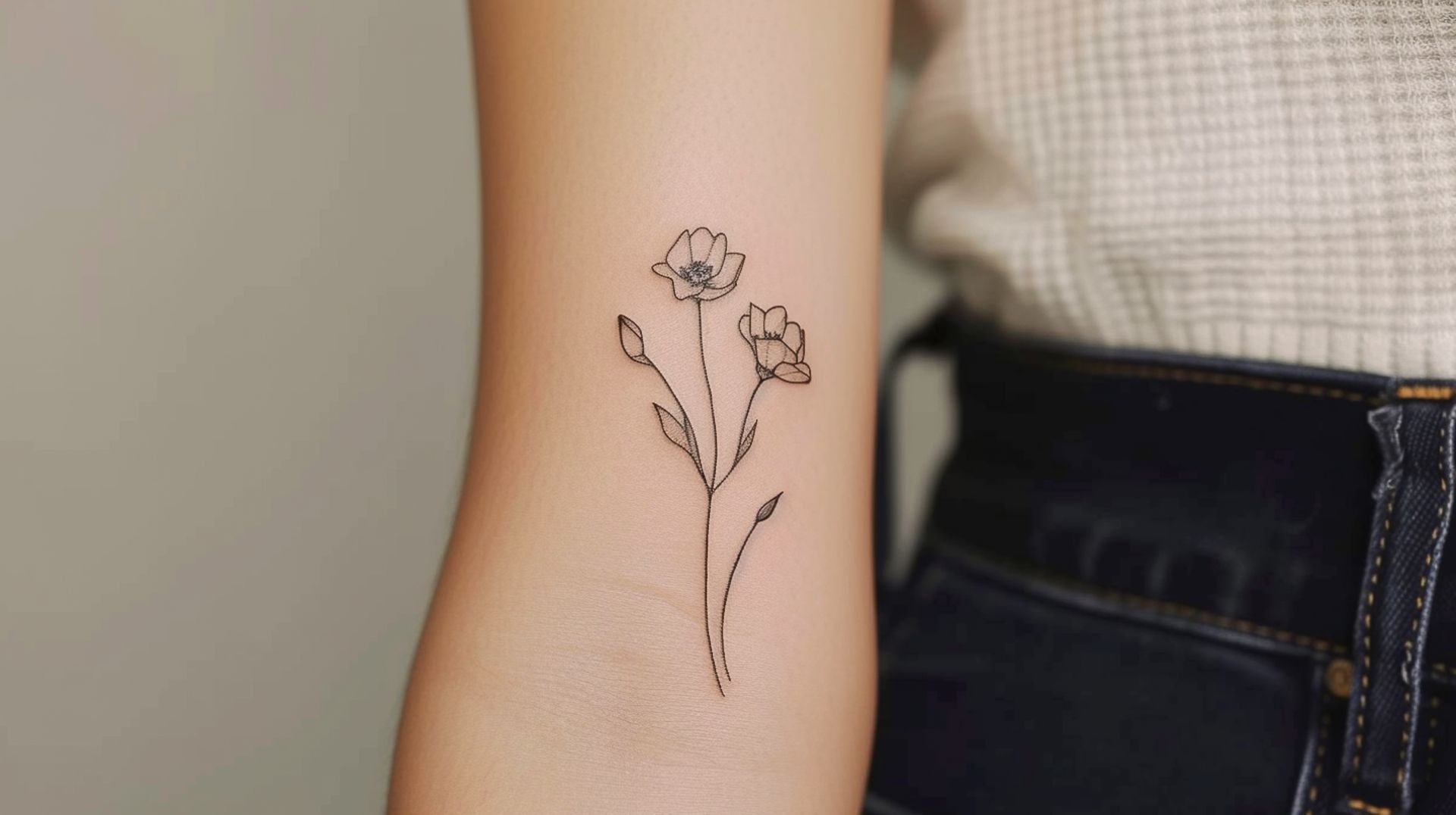 A woman has a small flower tattoo on her arm.