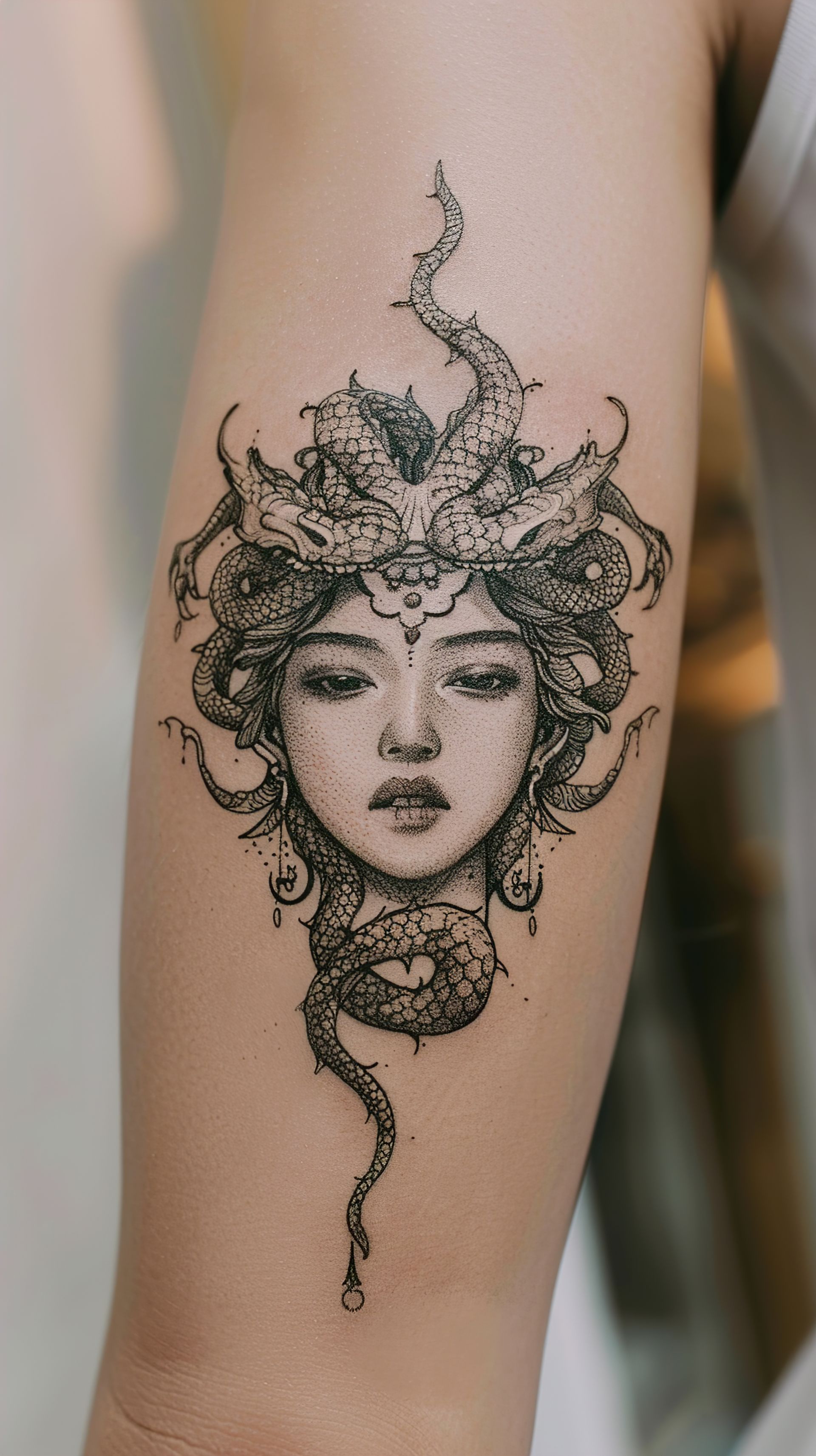 A woman has a medusa tattoo on her arm.