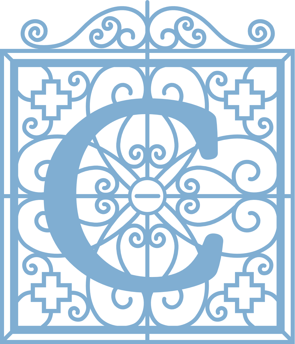Light blue ornate letter C with decorative swirls and cross motifs on a white background