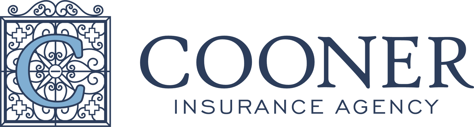 Cooner Insurance Agency logo with blue ornamental &ldquo;C&rdquo; emblem and navy text on a white background