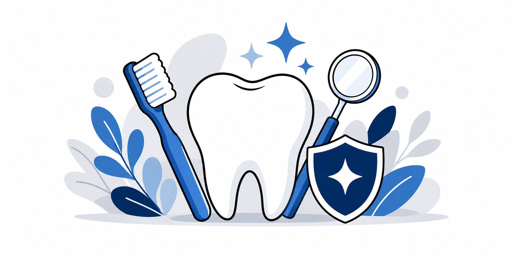 Tooth with toothbrush, shield, mirror, and blue leaves for dental care and protection