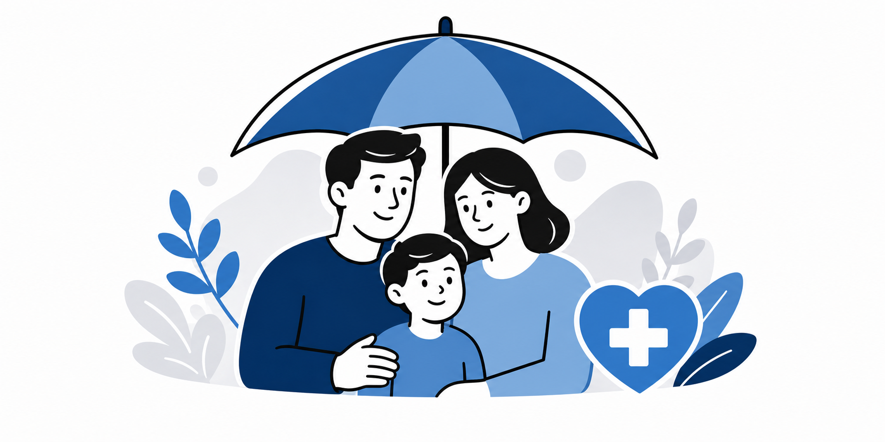 Family under umbrella with medical cross, surrounded by leaves and blue accents