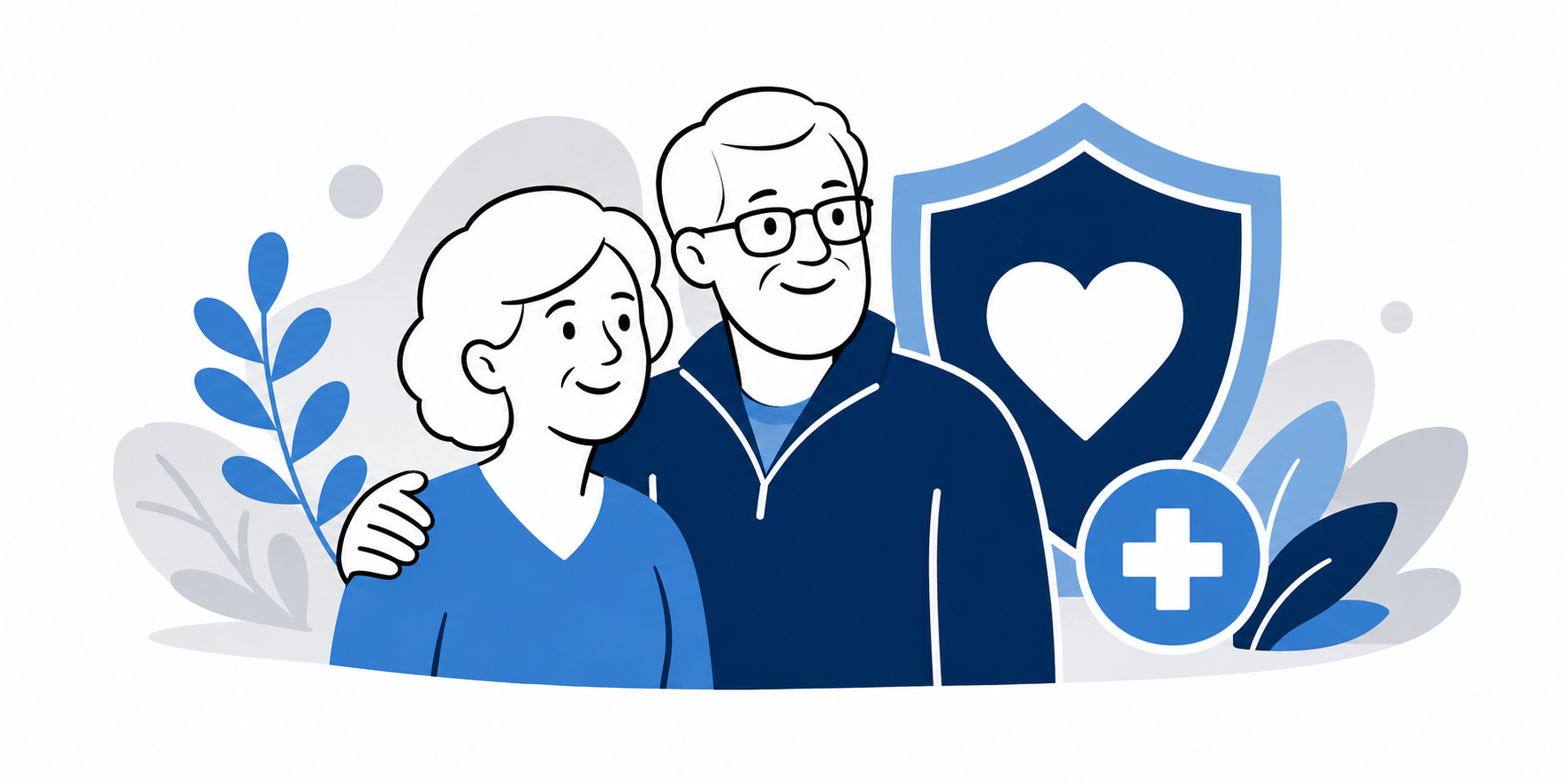 Two healthcare workers beside a heart shield and medical cross icons in blue tones