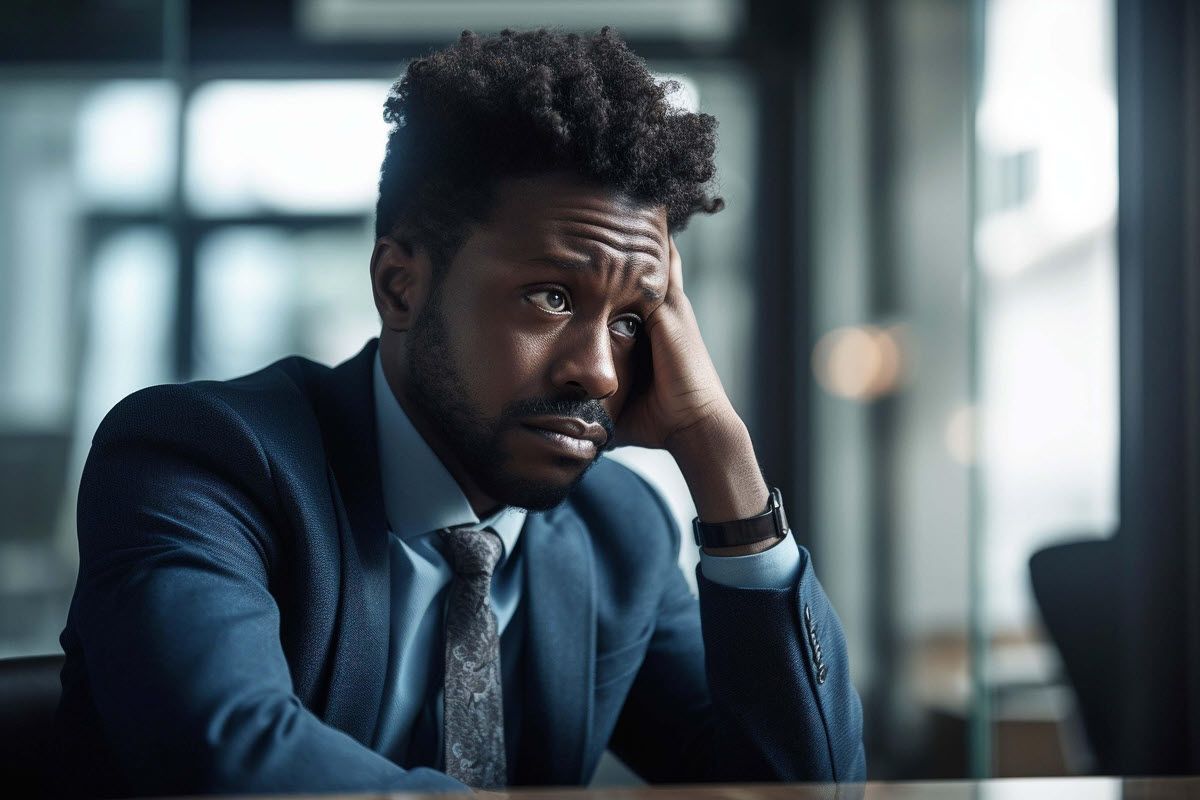 Man in a blue suit sits at a desk, holding his forehead with a worried expression in an office.