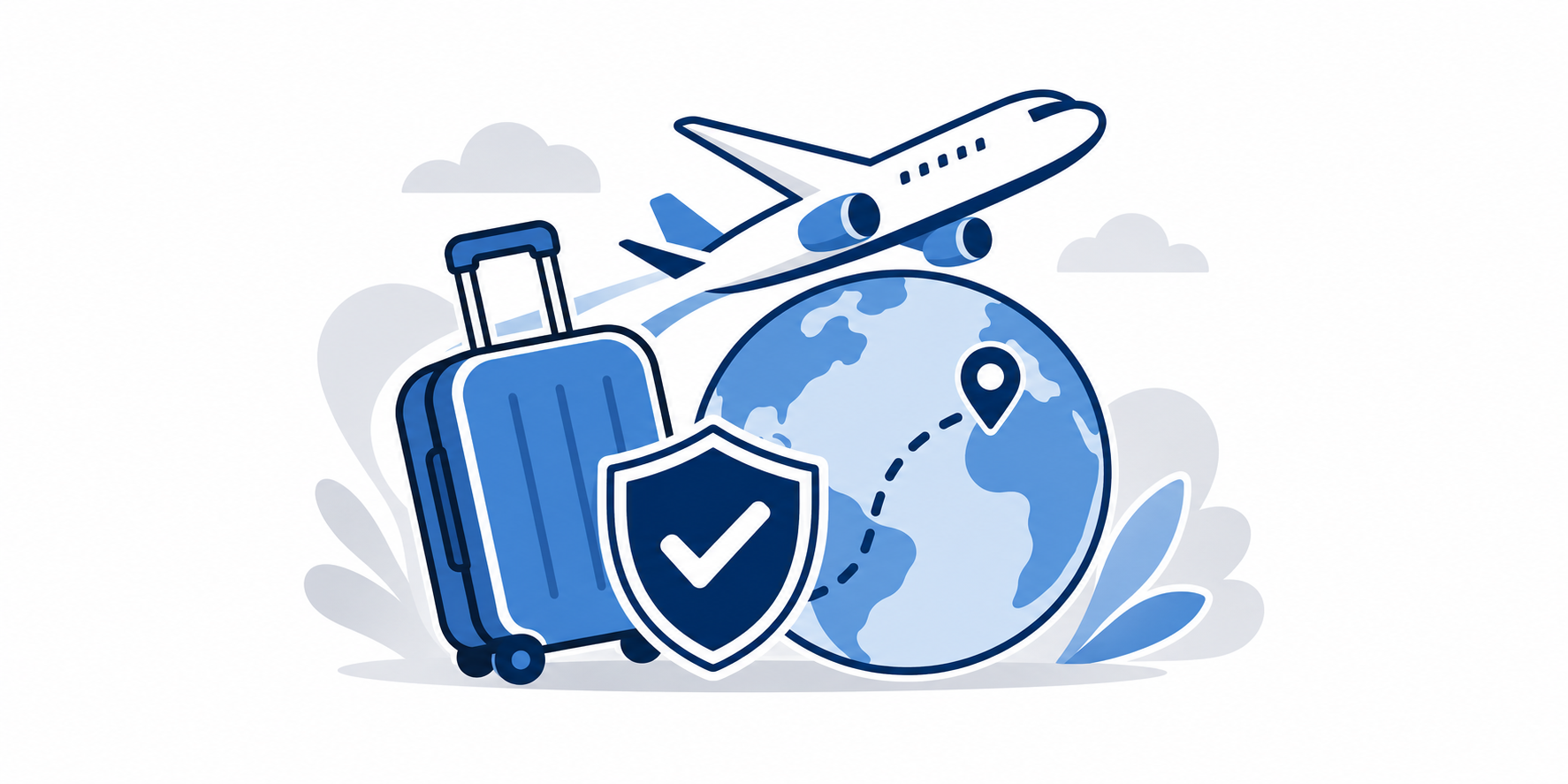 Blue travel suitcase with shield next to globe and airplane, symbolizing safe international travel