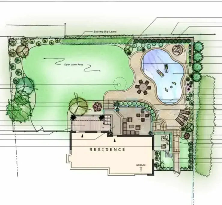 An aerial view of a residence with a pool