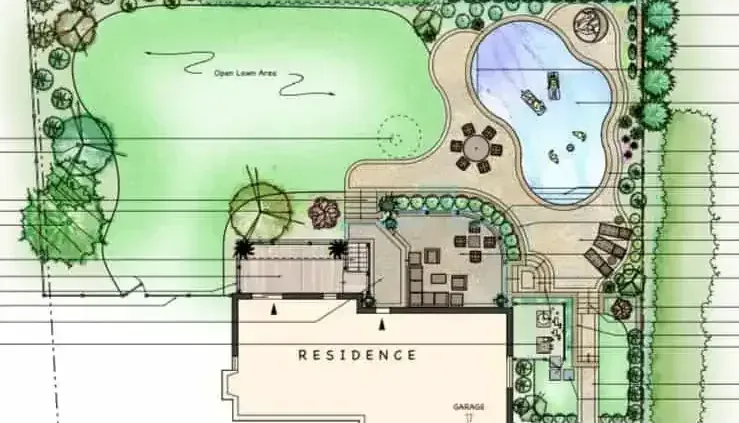 Custom Landscape Drawing & Blueprints | Libardi Island Landscaping Corp. A blueprint of a house with a pool in the backyard
