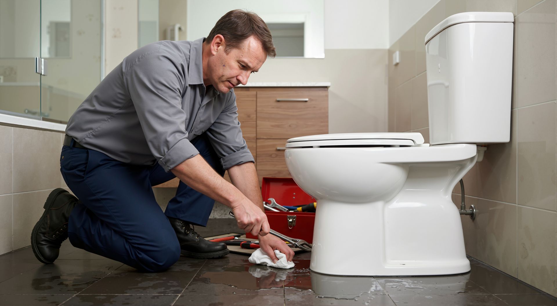 Plumber kneeling on wet tile fixing a toilet with wrenches, hands-on residential plumbing services.