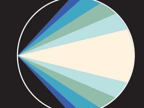 A white circle with a ray of light split into blue and green hues against a black background.