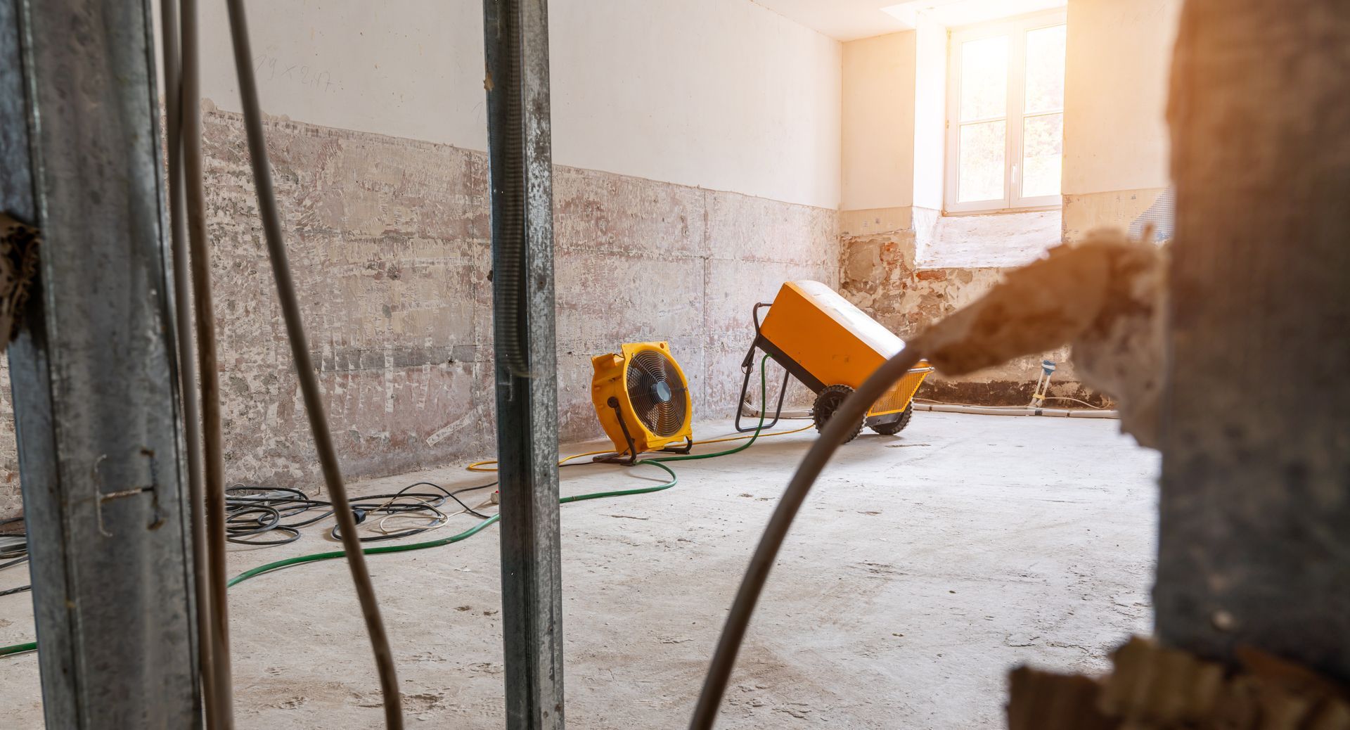 An empty room under construction with a fan and a de-humidifier in it.