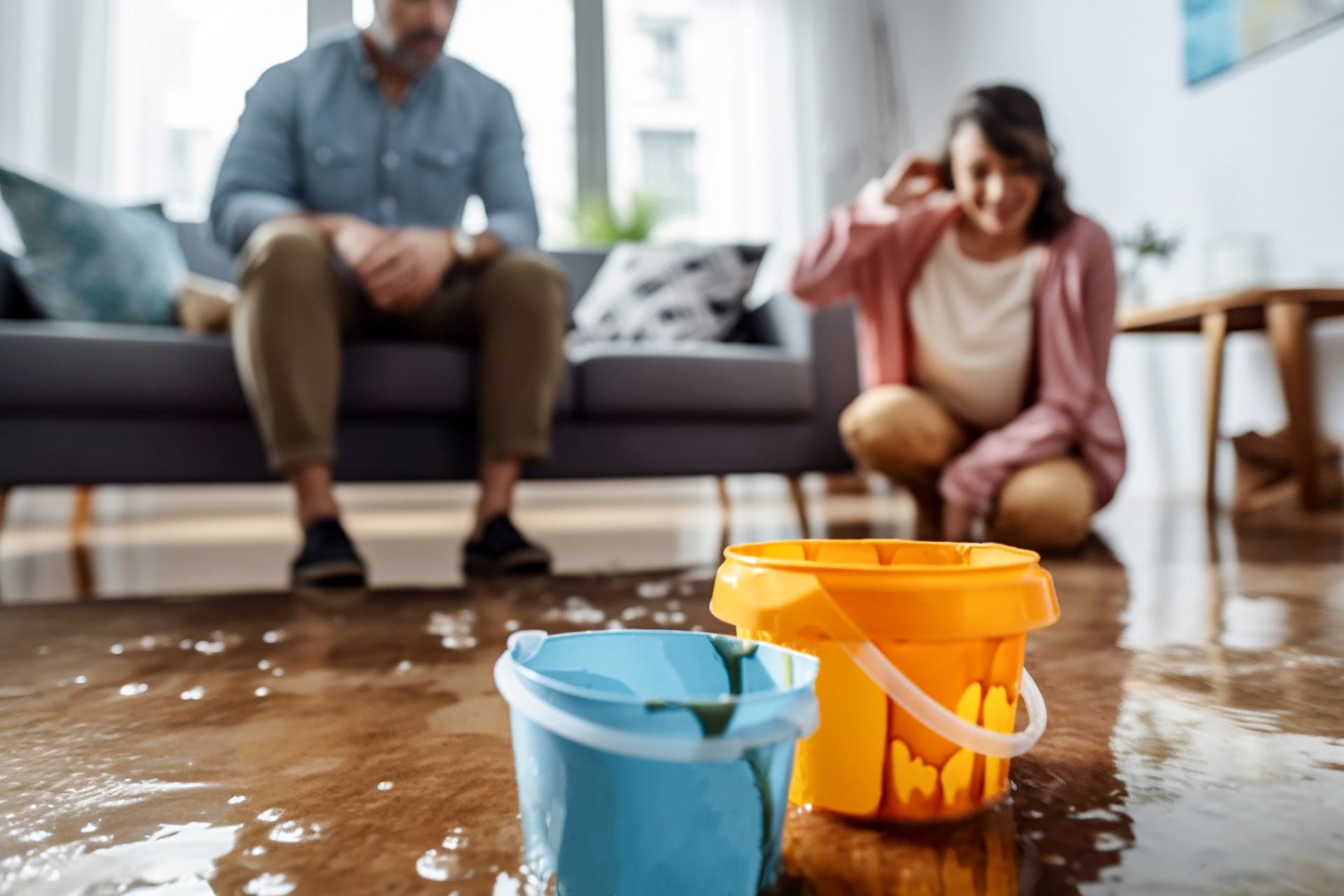 A man and a woman are sitting on a couch in a flooded living room.