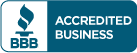 BBB Accredited Business logo. Features a blue flame icon with 