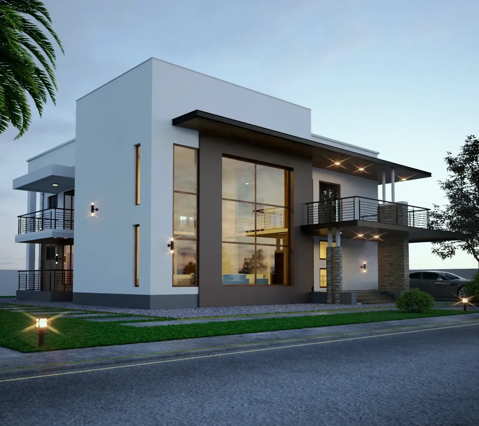 Modern two-story house with white and brown exterior, large windows, and a balcony, set in a yard.