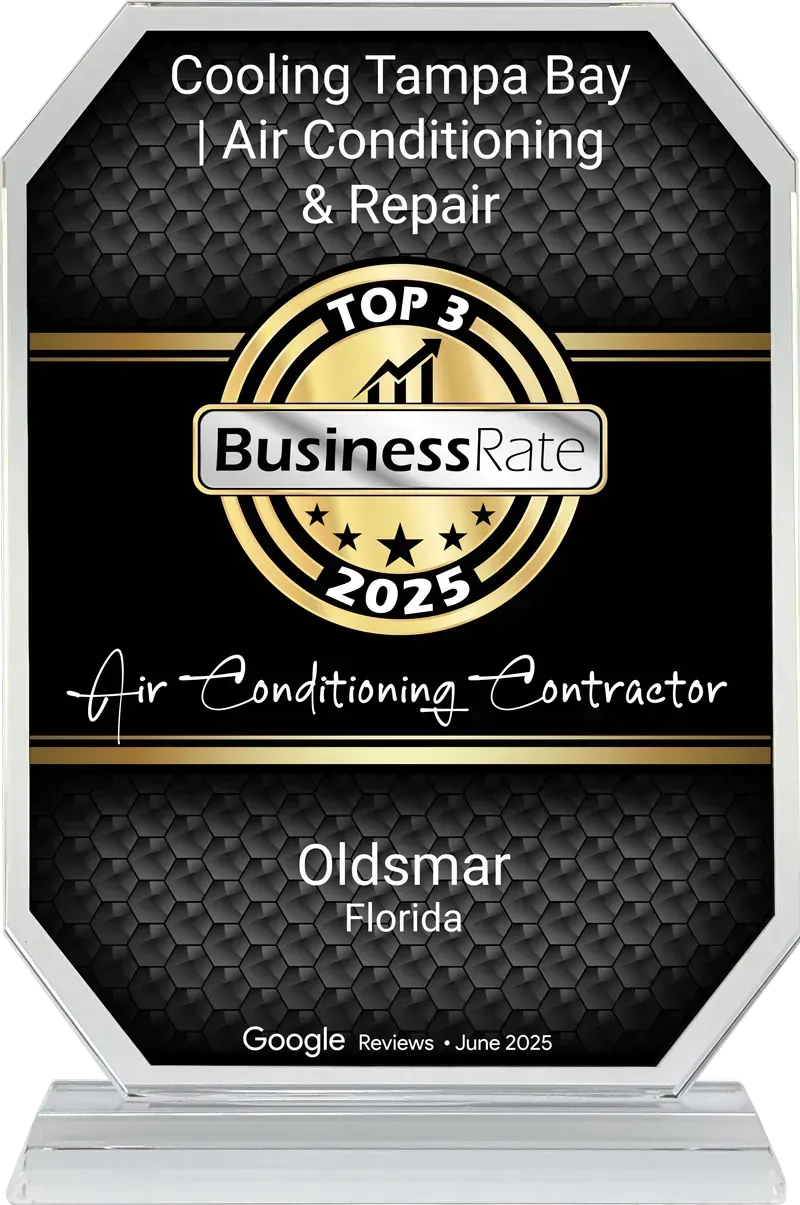 A BusinessRate Top 3 2025 award plaque for Cooling Tampa Bay, an air conditioning contractor in Oldsmar, Florida.