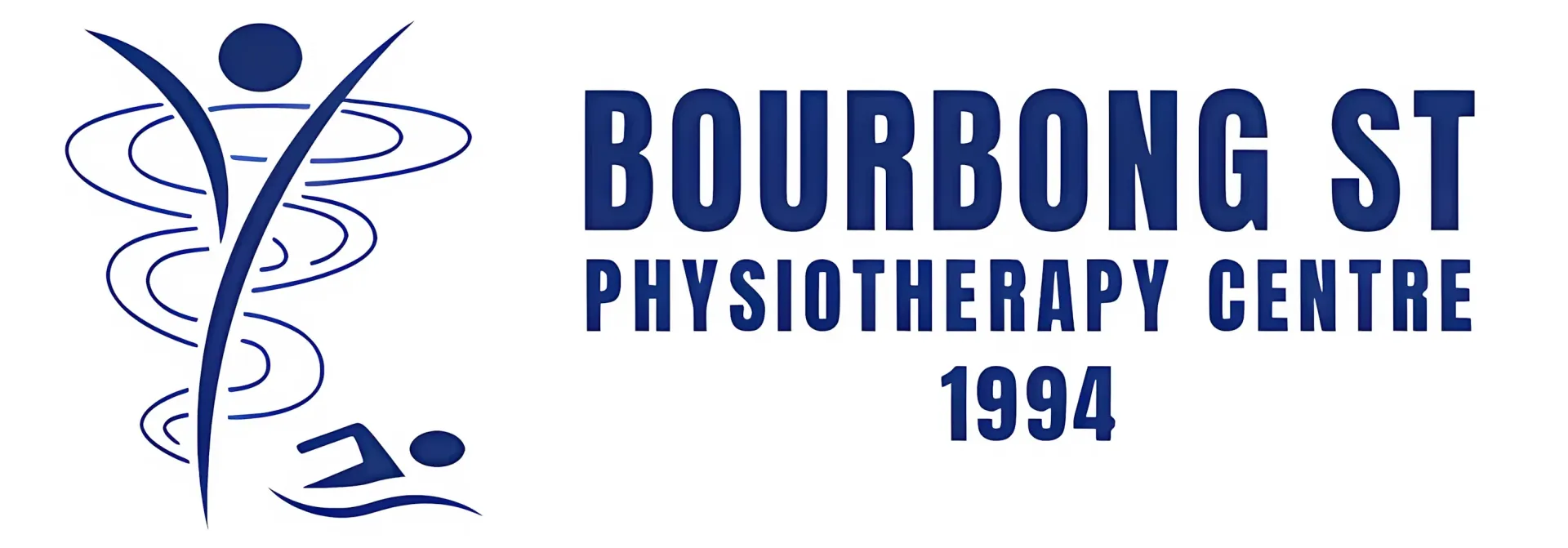 Physiotherapist in Bundaberg Logo for "Bourbong St Physiotherapy Centre" with a blue design of a person, water swirls, and swimmer.