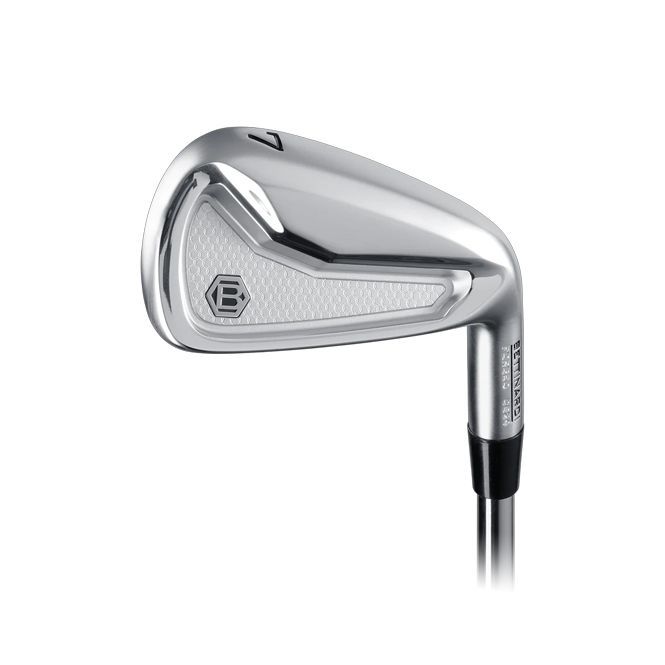 A silver golf iron club. Metal club head with a thick sole, and shaft extending downwards.
