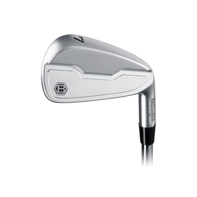 Silver golf iron club with a textured face, angled toward the viewer.