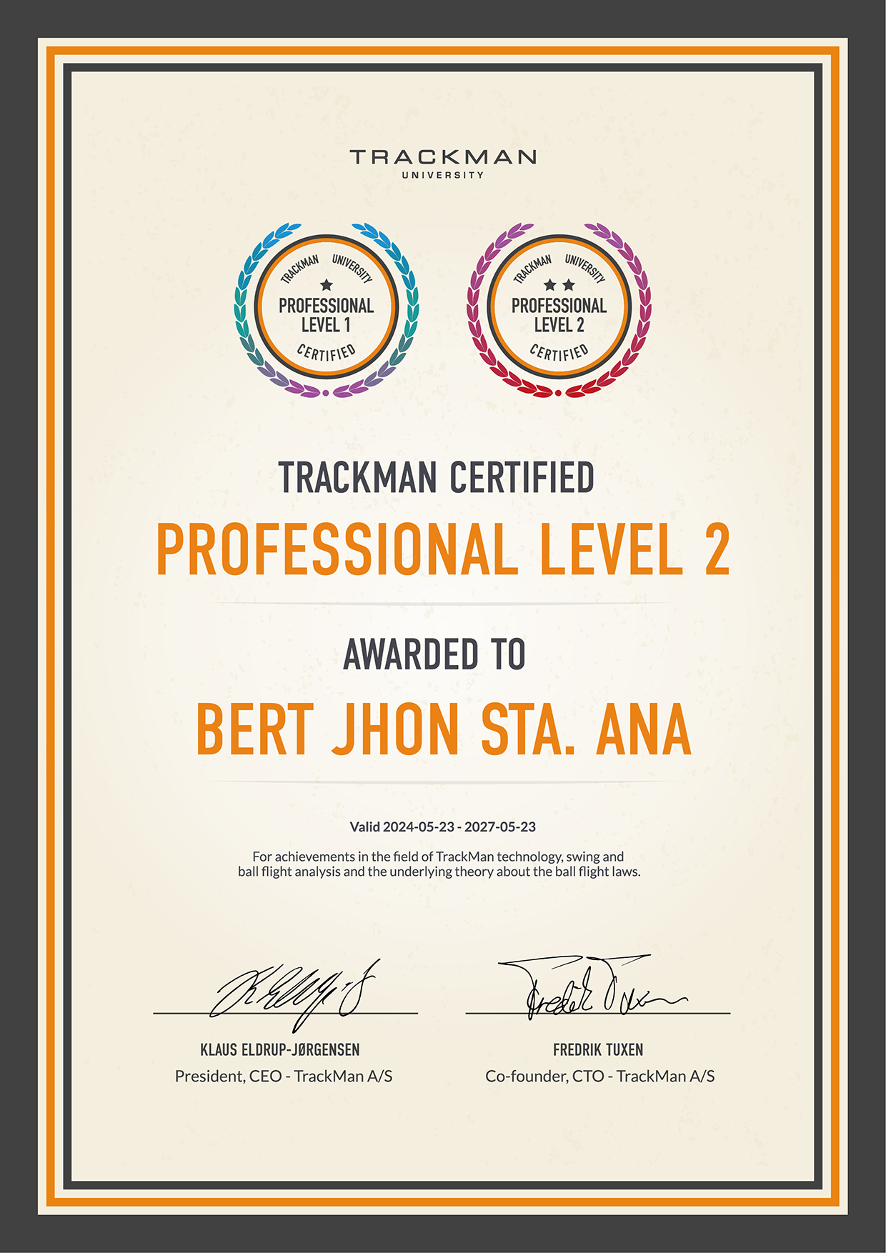 A certificate that says trackman certified professional level 2 awarded to bert jhon sta ana