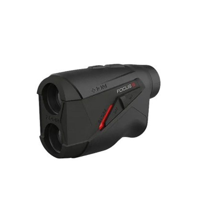 A black and red rangefinder is sitting on a white surface.