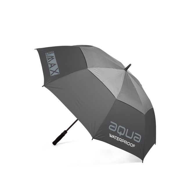 A gray umbrella with the word aqua on it