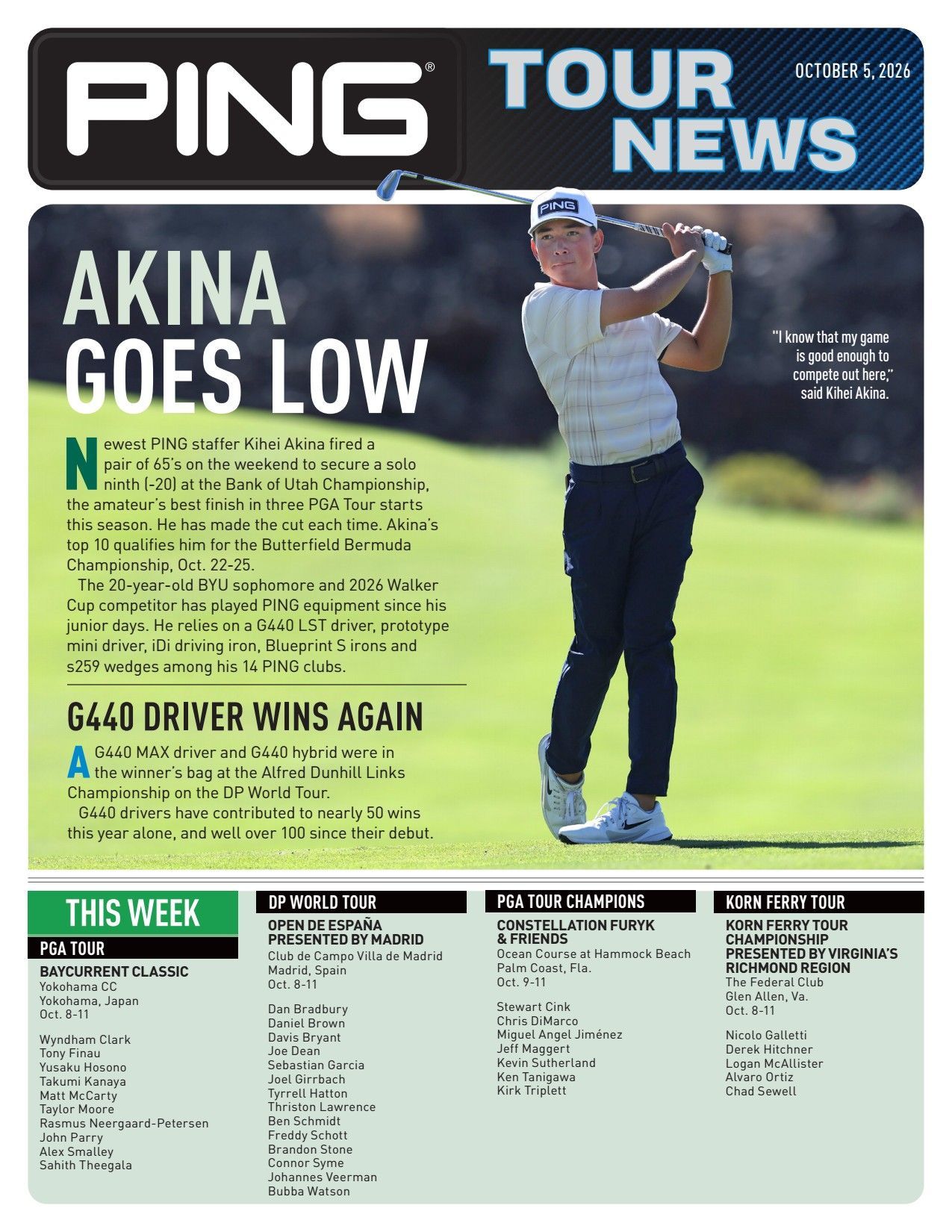 PING Tour News cover with golfer swinging club on green course, headline “Akina Goes Low”