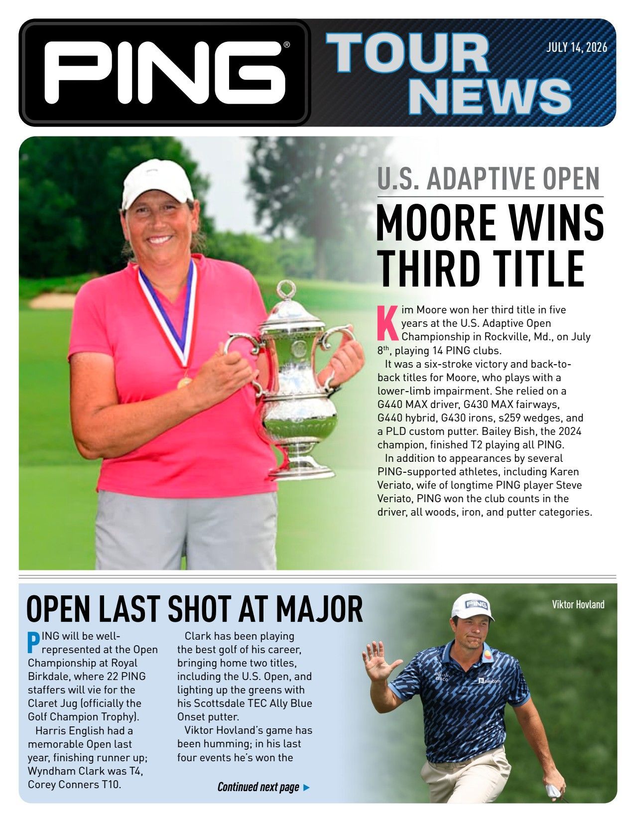 Tennis magazine cover: smiling player holding trophy, headline “Moore wins third title,” with action photo below