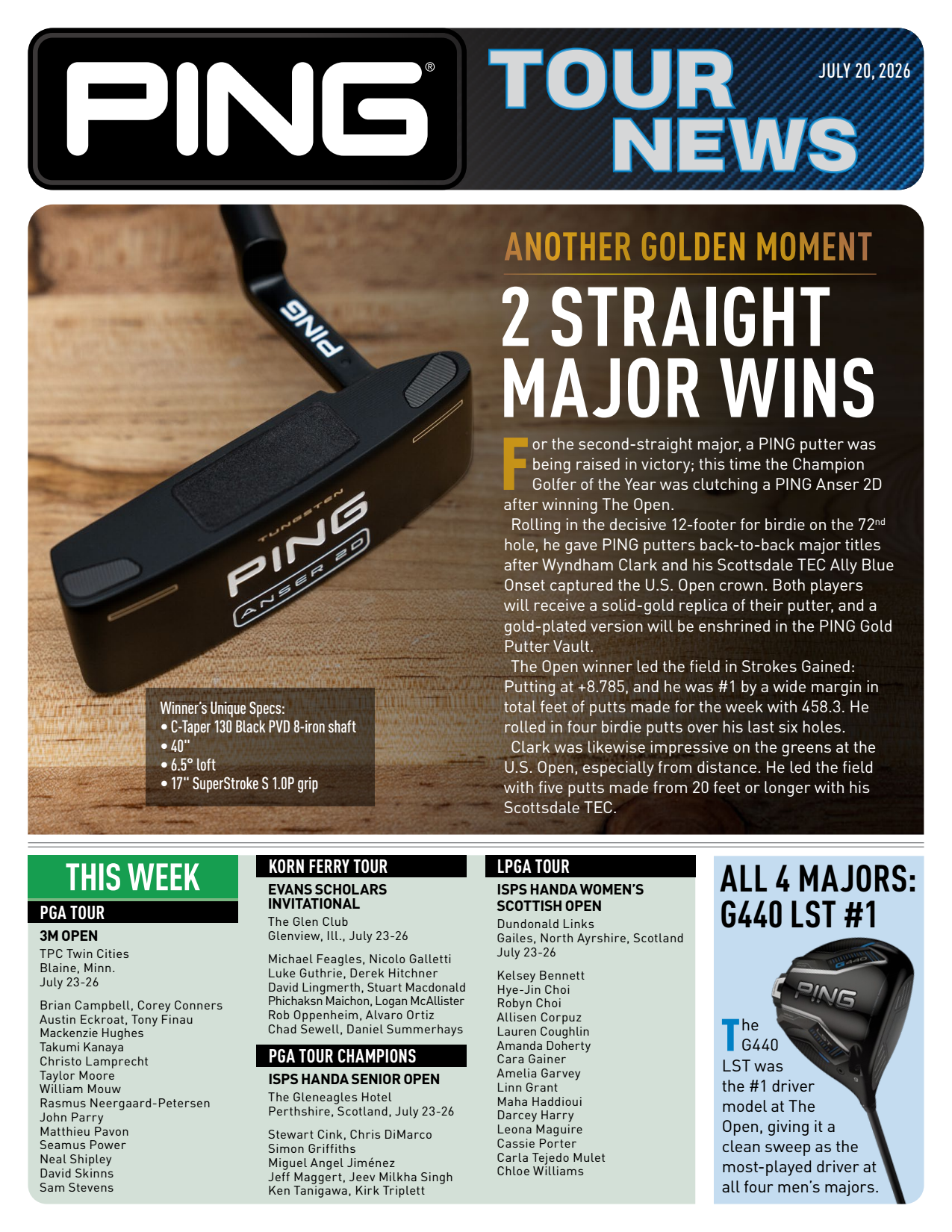 PING Tour News newsletter cover announcing “2 straight major wins” with a golf putter on wood background
