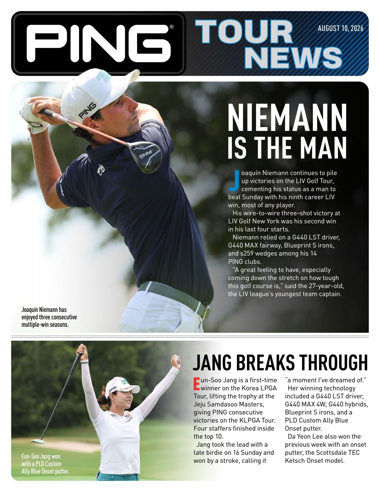 PGA Tour News magazine cover with golfer Niemann swinging and smaller photo of Jang celebrating on the course