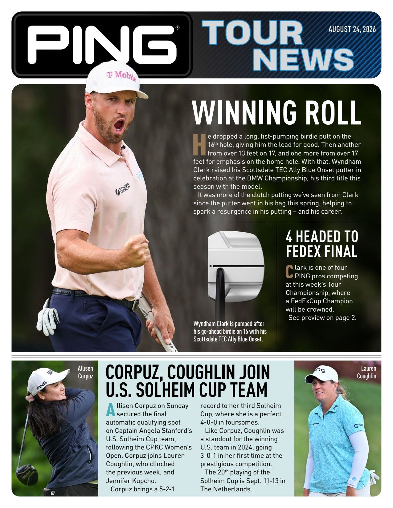 PING Tour News cover with golfer celebrating, plus headlines about Winning Roll and U.S. Solheim Cup team