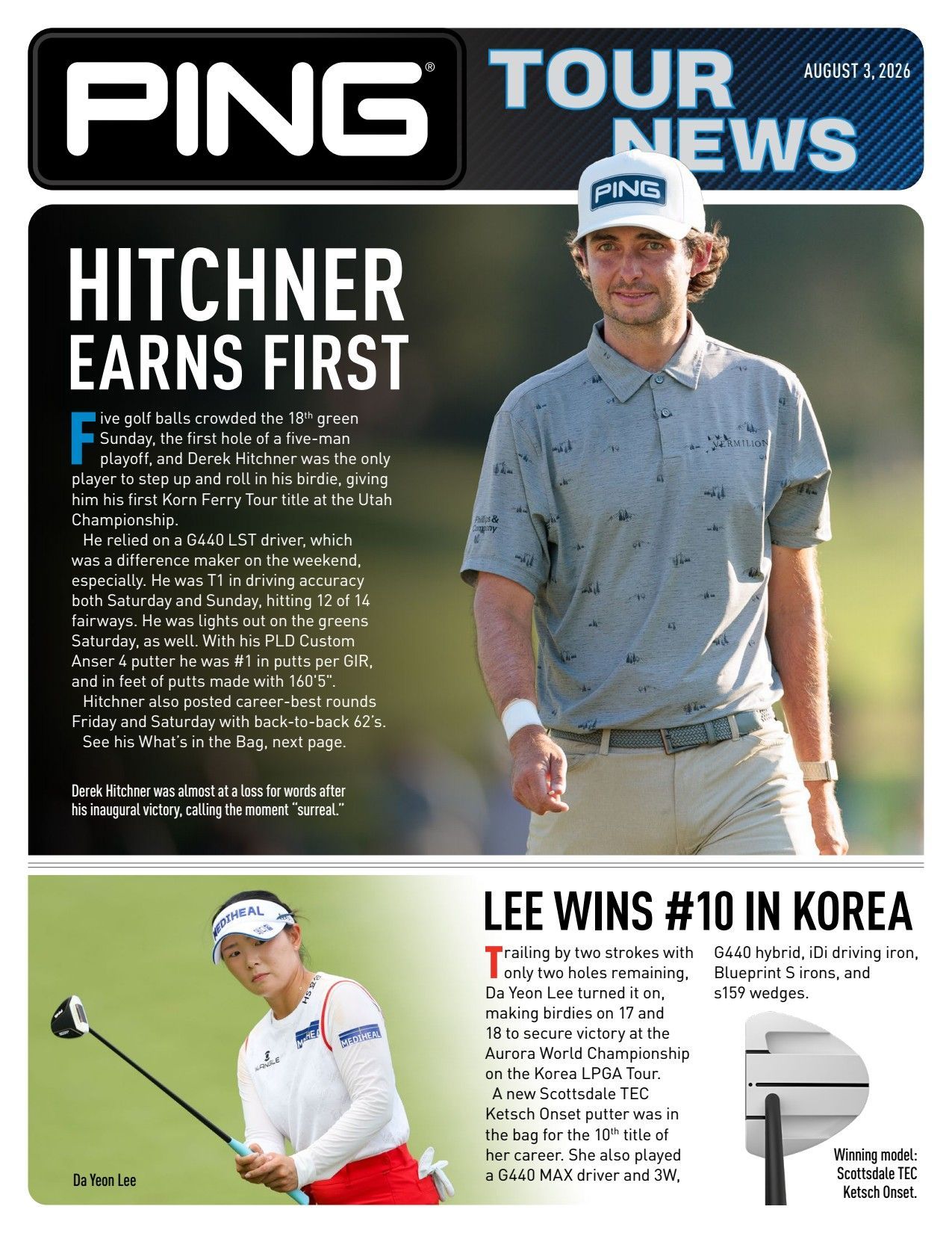 PING Tour News cover with Hitchner earning first and Lee winning $10 in Korea; golfers pictured with headlines.