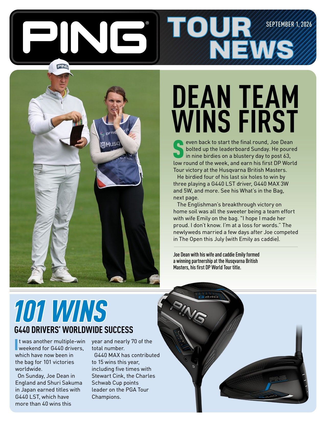 Golf magazine page with “PING Tour News,” “Dean Team Wins First,” and a golfer holding a club