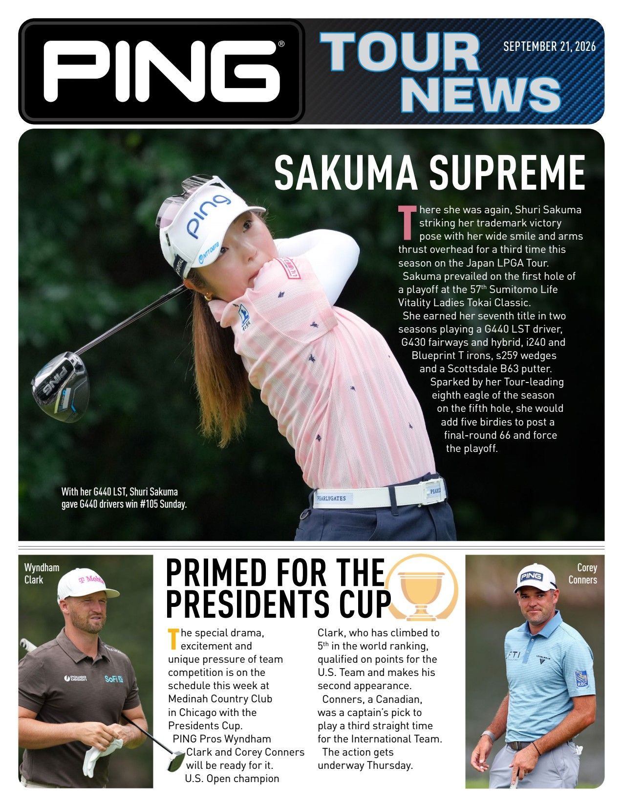 PING Tour News cover featuring a golfer in pink swinging, with two golfers below and headlines text.