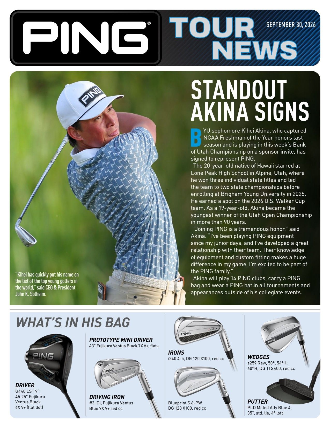 Golf magazine page with “PING Tour News,” “Dean Team Wins First,” and a golfer holding a club