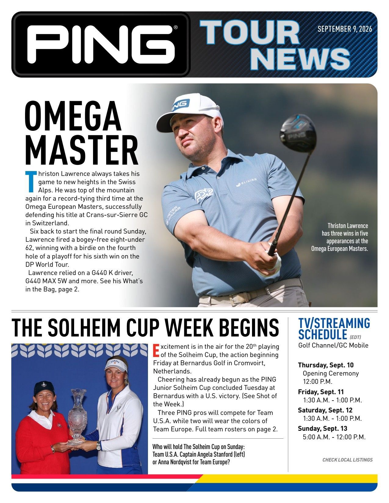 PING Tour News cover with golfer swinging and headlines about Omega Master and the Solheim Cup week begins