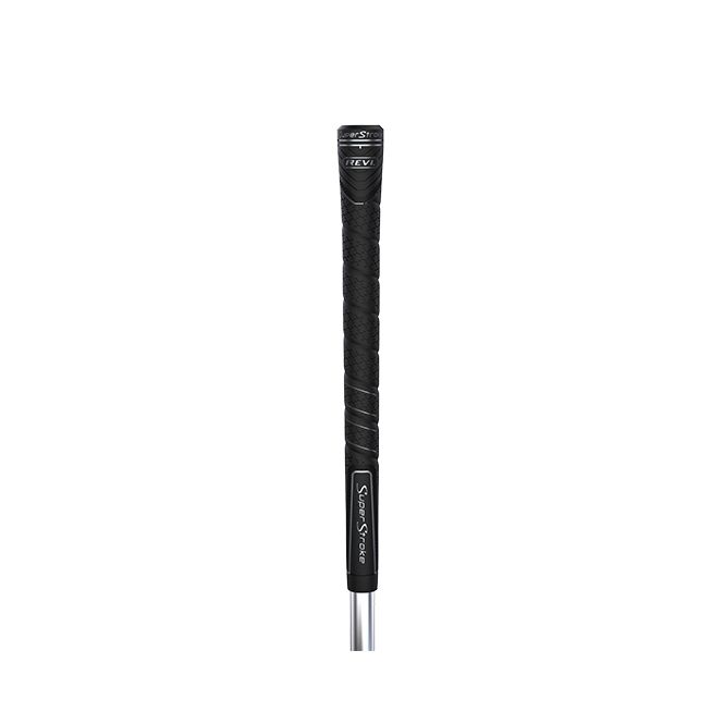 Black golf club grip with silver metal shaft.