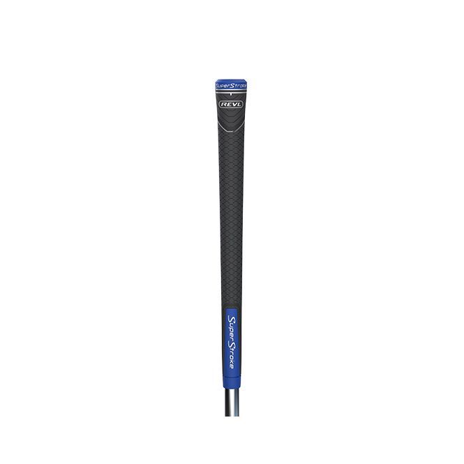 Black golf club grip with blue accents.