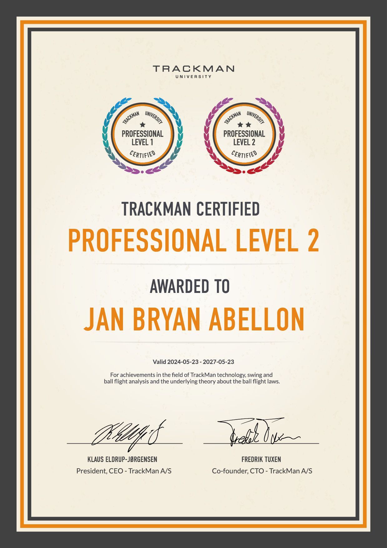 A certificate that says trackman certified professional level 2 awarded to jan bryan abellon