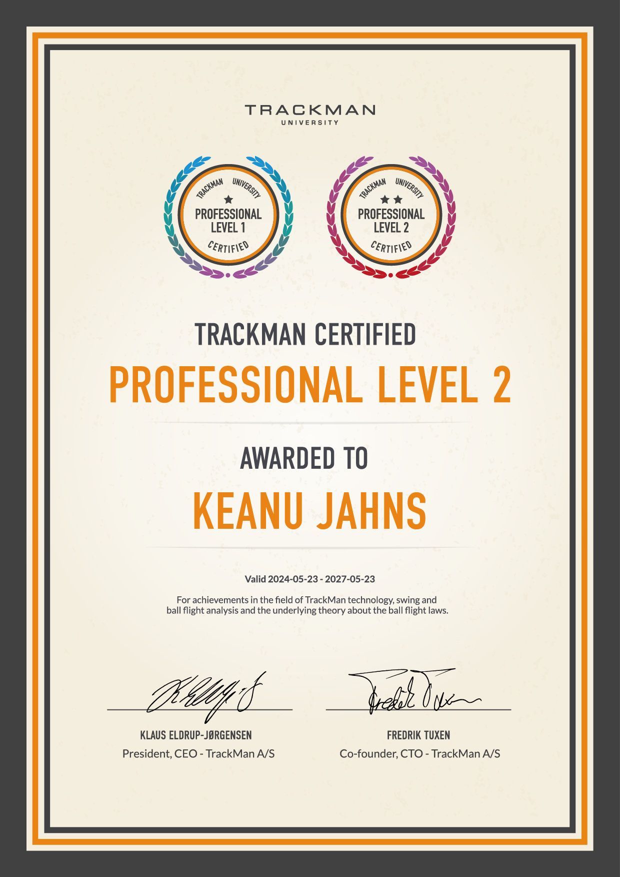 A certificate that says trackman certified professional level 2 awarded to keanu jahns