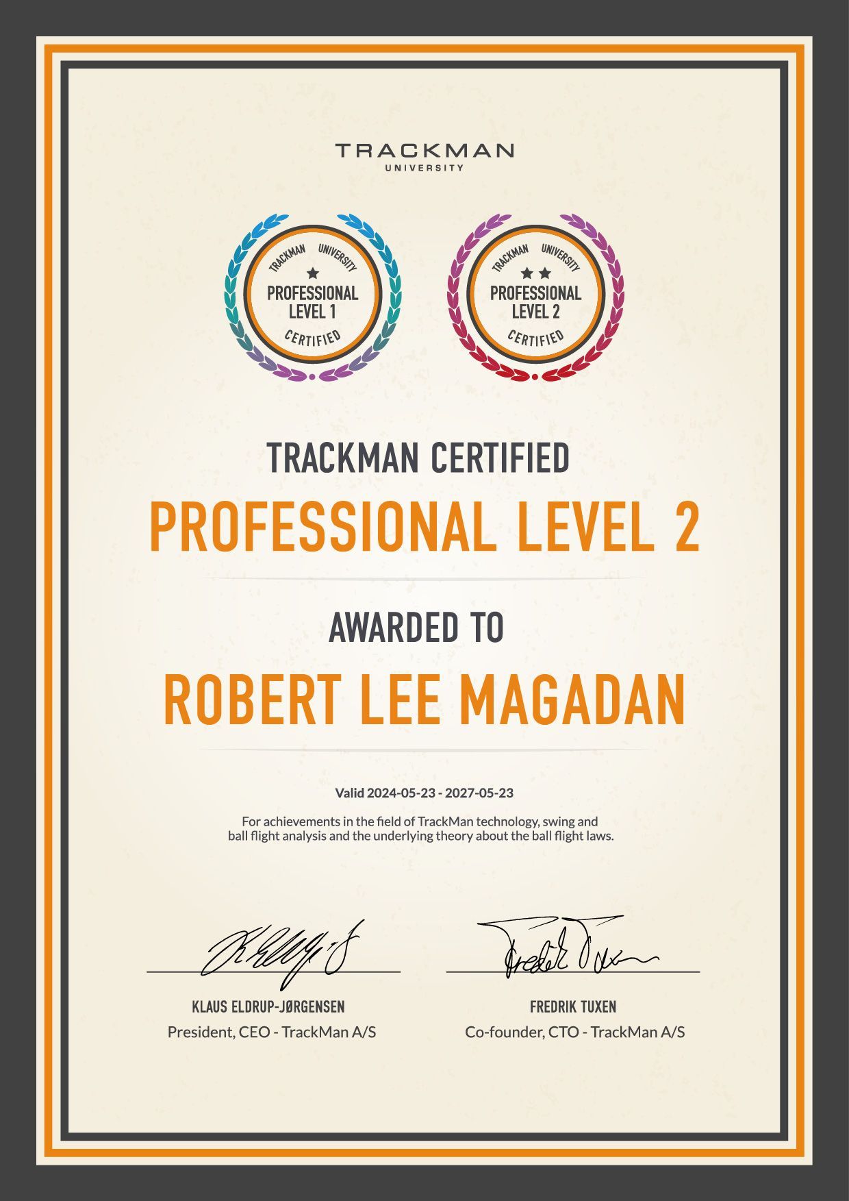 Trackman certified professional level 2 awarded to robert lee magadan