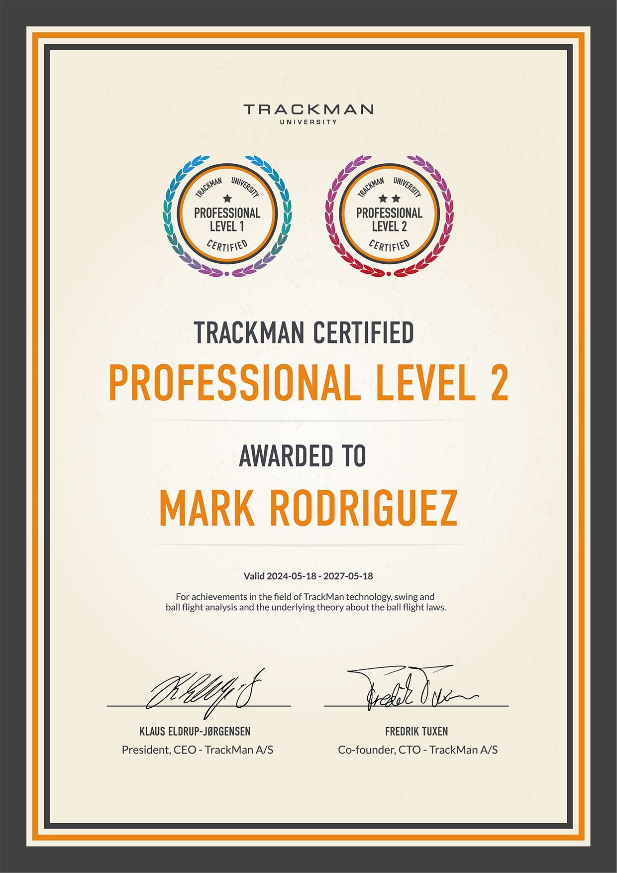 A certificate that says trackman certified professional level 2 awarded to mark rodriguez.
